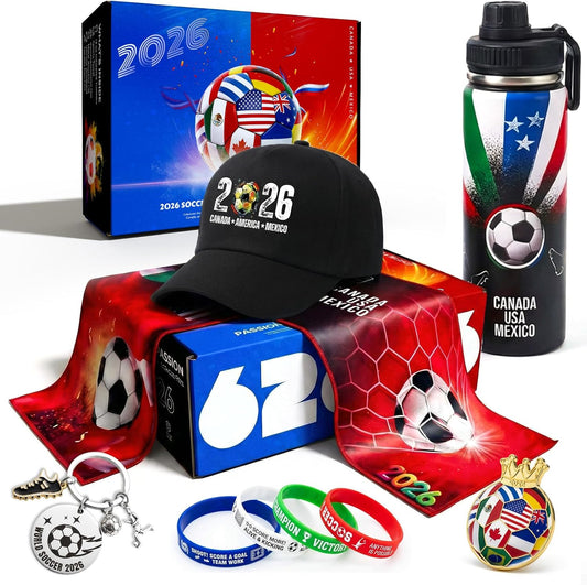 Exun Soccer Fan Gift Basket Set 2026 – 9 Piece Sports Accessories Bundle with Stainless Steel Tumbler, Towel, Keychain, Hat, Wristband & Metal Pin – Triple Nation Flag Design, World Soccer Lover Gift